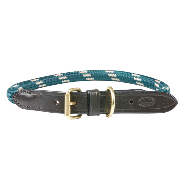 WEATHERBEETA ROPE LEATHER DOG COLLAR HUNTER GREEN/BROWN SMALL