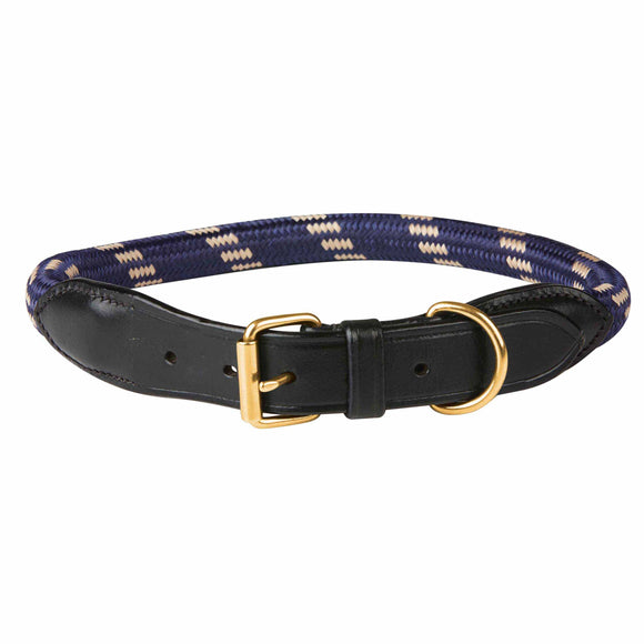 WEATHERBEETA ROPE LEATHER DOG COLLAR NAVY/BROWN LARGE