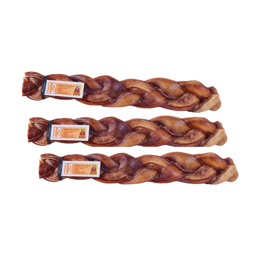 Barking Buddha Braided Bully Stick 12″ (3 Pack) For Large To XL Dogs / Power Chewers