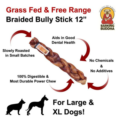 Barking Buddha Braided Bully Stick 12″ (3 Pack) For Large To XL Dogs / Power Chewers